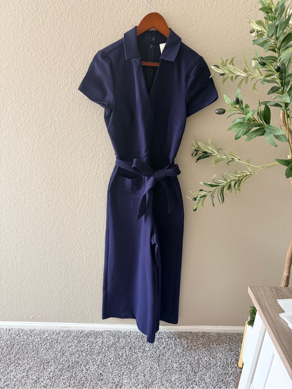 NWT Anthropologie Navy Blue Belted Wide Leg Jumpsuit Short Sleeve Collared - Picture 5 of 7